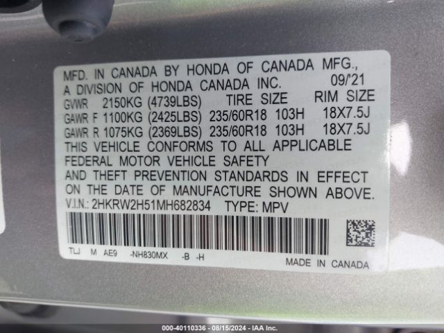 2HKRW2H51MH682834 Honda Cr-v Awd Ex