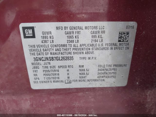 3GNCJNSB7GL262835 Chevrolet Trax 1ls