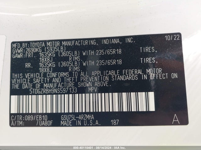 Toyota Highlander Xle 2022 5TDGZRBH9NS597133 Image 9