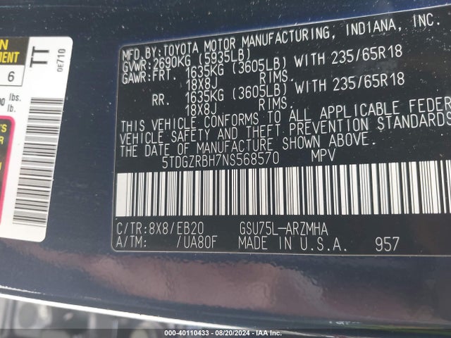 Toyota Highlander Xle 2022 5TDGZRBH7NS568570 Image 9