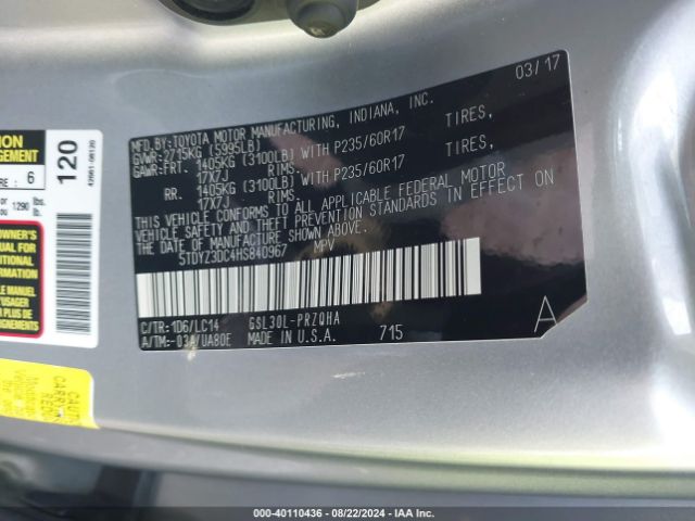 5TDYZ3DC4HS840967 Toyota Sienna Xle 8 Passenger
