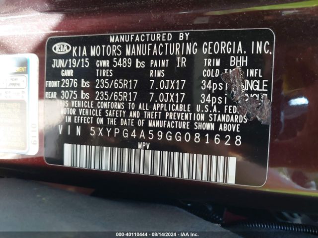 5XYPG4A59GG081628 KIA Sorento 3.3l Lx