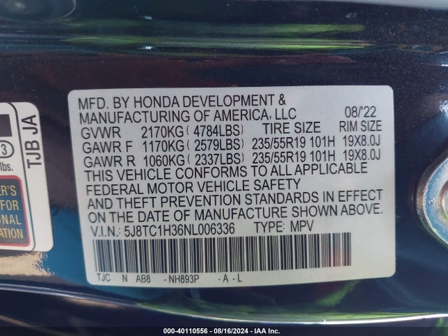 5J8TC1H36NL006336 Acura Rdx Standard