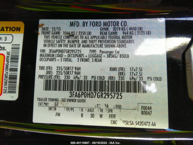 3FA6P0HD7GR295725 Ford FUSION SE