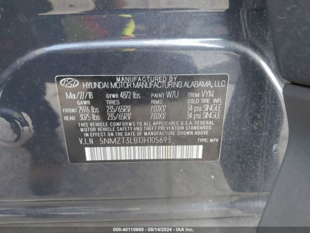 5NMZT3LB1JH105693 Hyundai Santa Fe Sport 2.4l