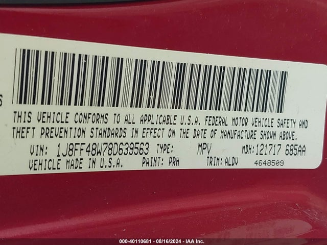 Aukcja sprzedaży 2008 Jeep Patriot Limited, vin: 1J8FF48W78D639563, numer aukcji: 40110681