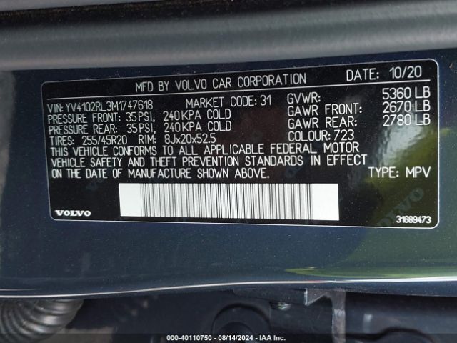 YV4102RL3M1747618 Volvo Xc60 T5 Inscription