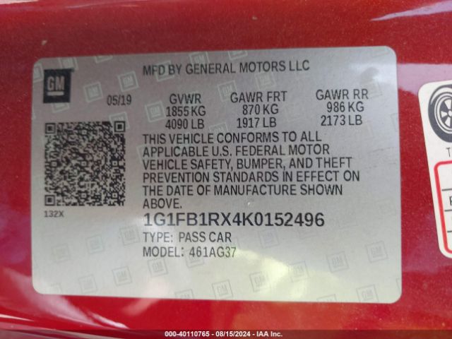 1G1FB1RX4K0152496 Chevrolet Camaro 1ls