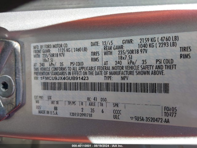Ford Escape Titanium 2016 1FMCU9JX4GUB91423 Image 9