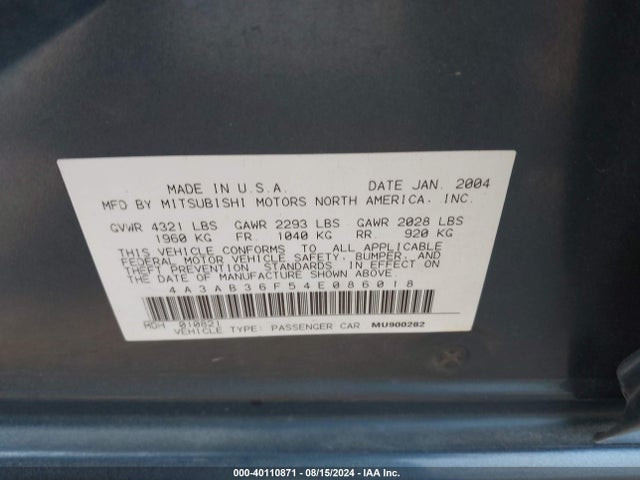 2004 MITSUBISHI GALANT 4A3AB36F54E086018 Photo 8