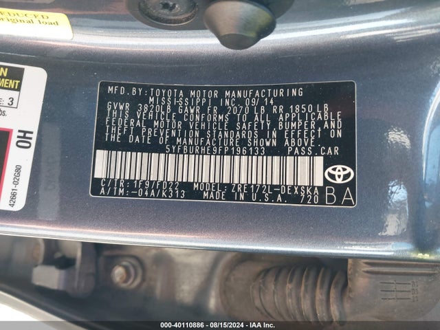 Toyota Corolla S Plus 2015 5YFBURHE9FP196133 Image 9