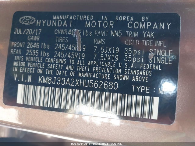 Hyundai Tucson Value 2017 KM8J33A2XHU562680 Image 9