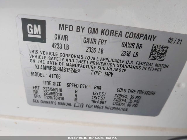 KL4MMFSL9MB152489 Buick Encore Gx Fwd Essence