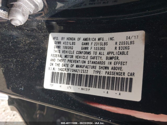 Honda ACCORD EX 2017 1HGCR2F70HA212522 Image 9