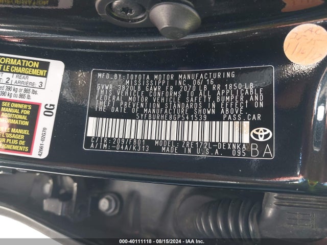 Toyota COROLLA LE 2016 5YFBURHE8GP541539 Image 9