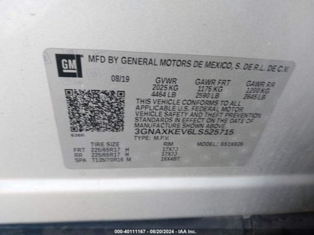 3GNAXKEV6LS525715 Chevrolet Equinox Fwd Lt 1.5l Turbo