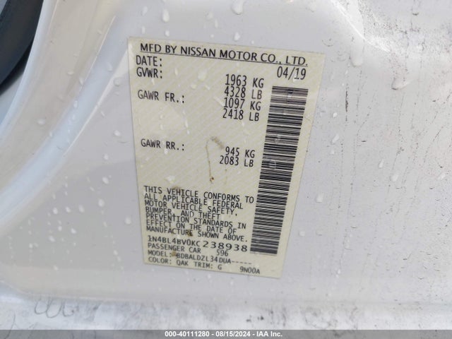 Nissan Altima 2.5 S 2019 1N4BL4BV0KC238938 Image 9