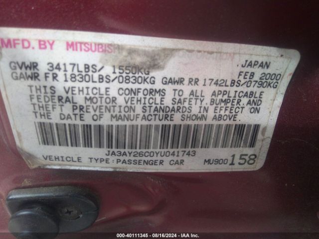 2000 MITSUBISHI MIRAGE JA3AY26C0YU041743 Photo 8