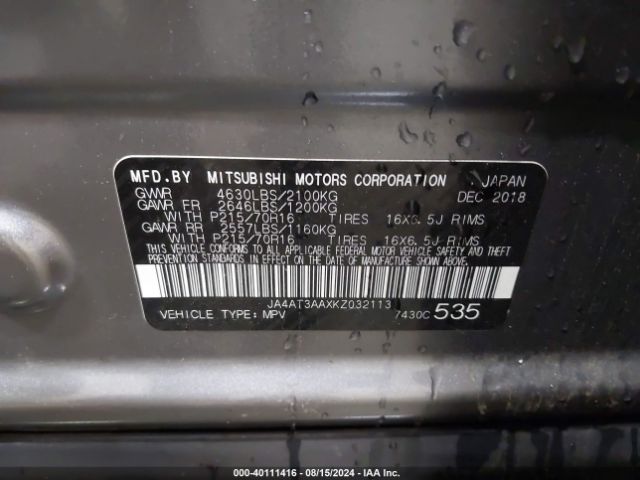 JA4AT3AAXKZ032113 Mitsubishi Eclipse Cross Es