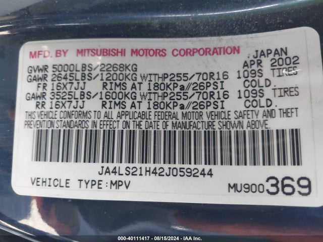 2002 MITSUBISHI MONTERO SPORT JA4LS21H42J059244 Photo 8