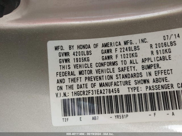 Honda ACCORD LX 2014 1HGCR2F31EA278456 Image 9