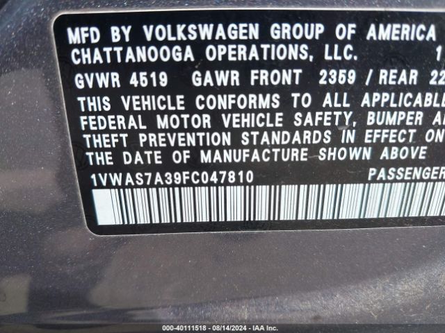 1VWAS7A39FC047810 Volkswagen Passat 1.8t Wolfsburg Edition