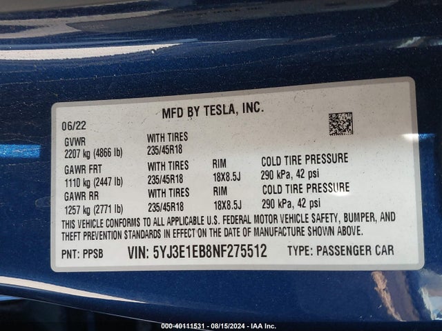 2022 TESLA MODEL 3 5YJ3E1EB8NF275512 Photo 8
