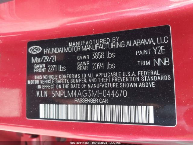 5NPLM4AG3MH044670 Hyundai ELANTRA SEL