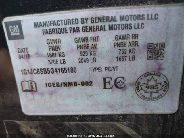 1G1JC6SB5G4165180 Chevrolet Sonic Lt Auto