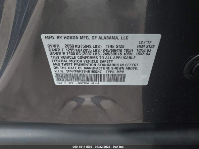 5FNYF6H39HB105247 Honda Pilot Ex