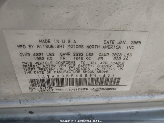 2005 MITSUBISHI GALANT 4A3AB36F45E044831 Photo 8