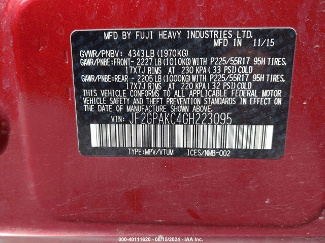 JF2GPAKC4GH223095 Subaru Crosstrek 2.0i Limited