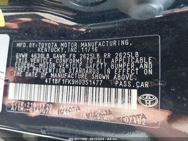 Toyota CAMRY SE 2017 4T1BF1FK9HU351477 Image 9