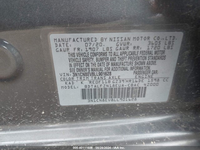 Aukcja sprzedaży 2020 Nissan Versa Sv Xtronic Cvt, vin: 3N1CN8EV8LL901628, numer aukcji: 40111688
