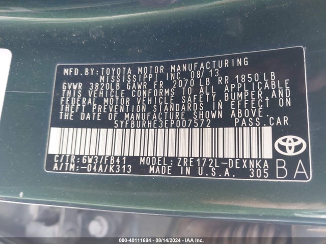 Toyota Corolla Le Plus 2014 5YFBURHE3EP007572 Image 9