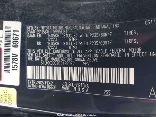 5TDKK3DC9ES492072 Toyota Sienna Le V6 8 Passenger