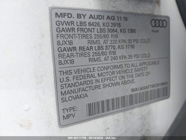Audi Q7 45 Se Premium/premium 2019 WA1AHAF73KD019834 Image 9