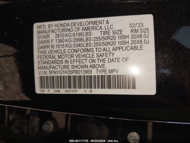 5FNYG1H35PB013969 Honda Pilot Awd Sport