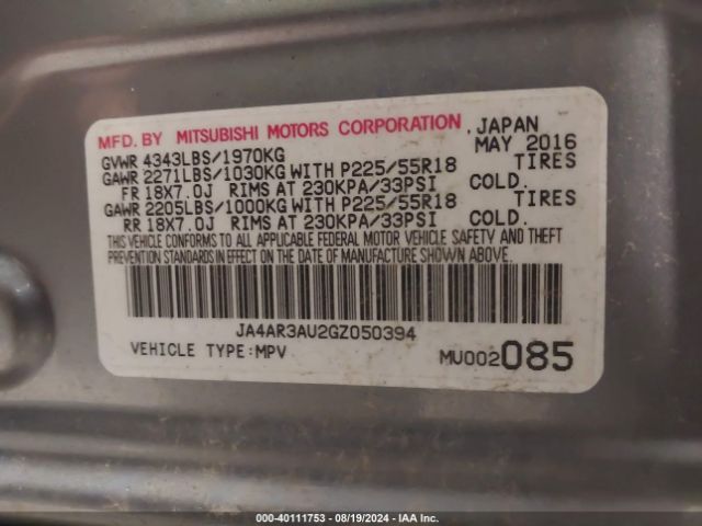 JA4AR3AU2GZ050394 Mitsubishi Outlander Sport 2.0 Es
