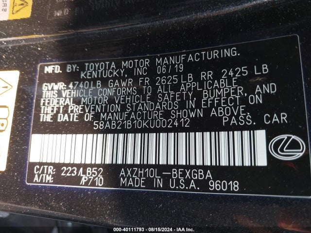 58AB21B10KU002412 Lexus Es 300h Luxury