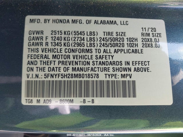 Honda Pilot 2wd Special Edition 2021 5FNYF5H28MB018578 Image 9