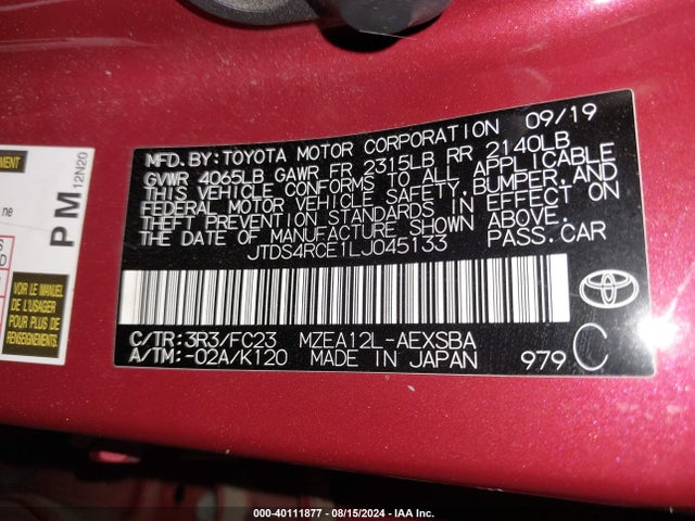 Toyota COROLLA SE 2020 JTDS4RCE1LJ045133 Image 9