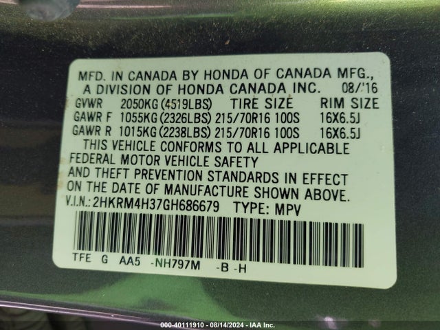 Honda CR-V LX 2016 2HKRM4H37GH686679 Image 9