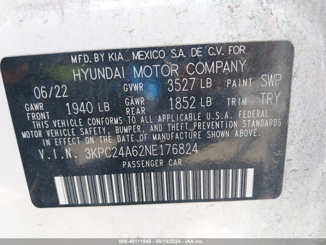 Hyundai Accent Sel 2022 3KPC24A62NE176824 Image 9