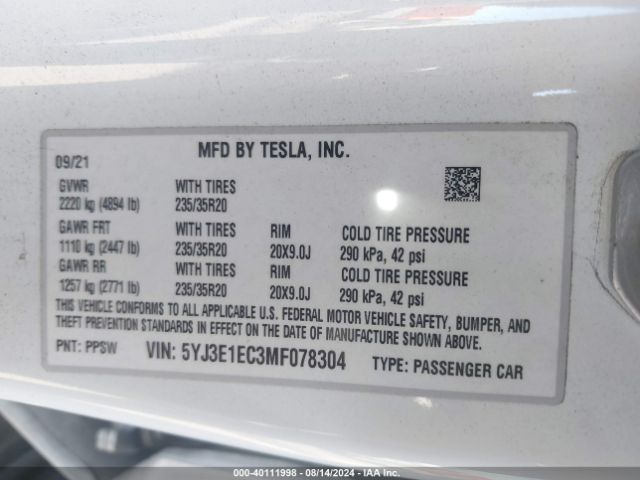 5YJ3E1EC3MF078304 Tesla Model 3 Performance Dual Motor All-wheel Drive
