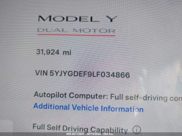 5YJYGDEF9LF034866 Tesla Model Y Long Range Dual Motor All-wheel Drive/performance Dual Motor All-wheel Drive