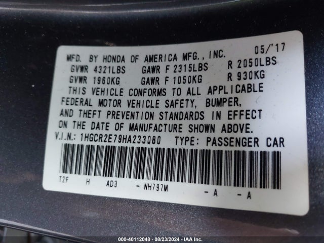 Honda ACCORD EX 2017 1HGCR2E79HA233080 Image 9