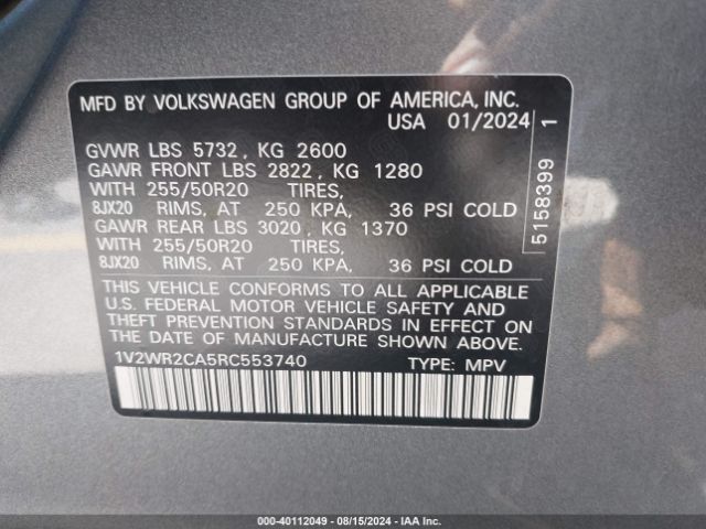1V2WR2CA5RC553740 Volkswagen Atlas 2.0t Se W/technology