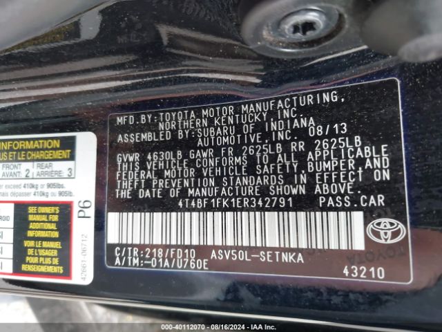 4T4BF1FK1ER342791 Toyota CAMRY LE