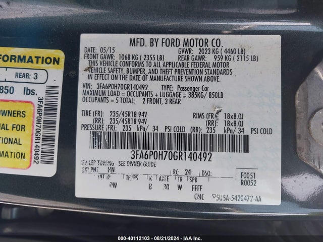 Ford FUSION SE 2016 3FA6P0H70GR140492 Image 9
